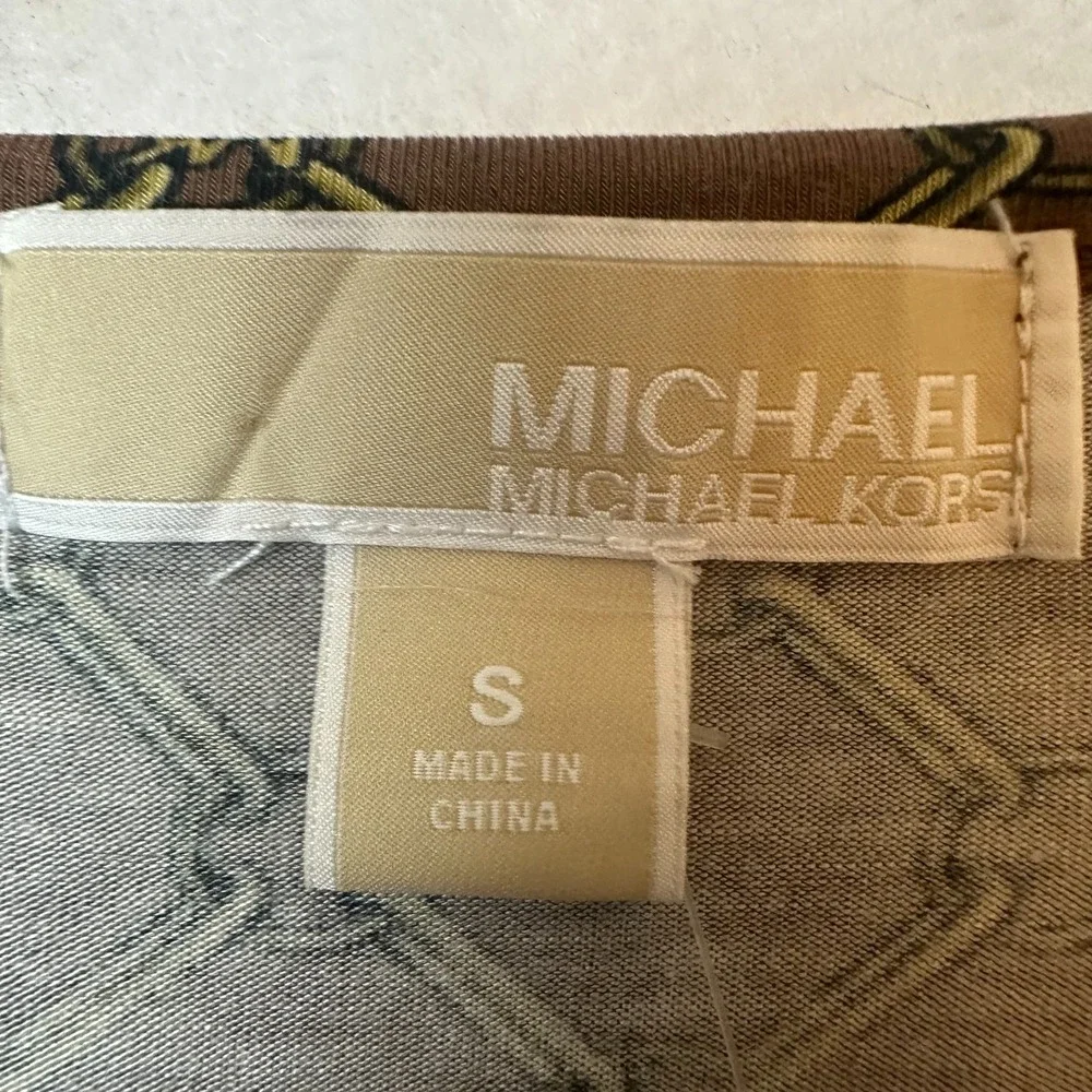 Michael‎ Kors Caramel brown Equestrian Chain Print Cowl Neck Zipper Top sz Small